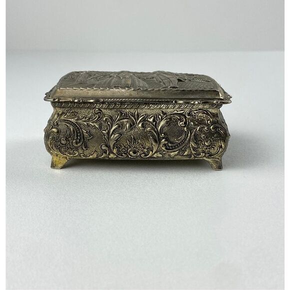 Vintage Ornate Silvertone Metal Footed Velvet Lined Trinket Box Made in Japan DP - Picture 5 of 10